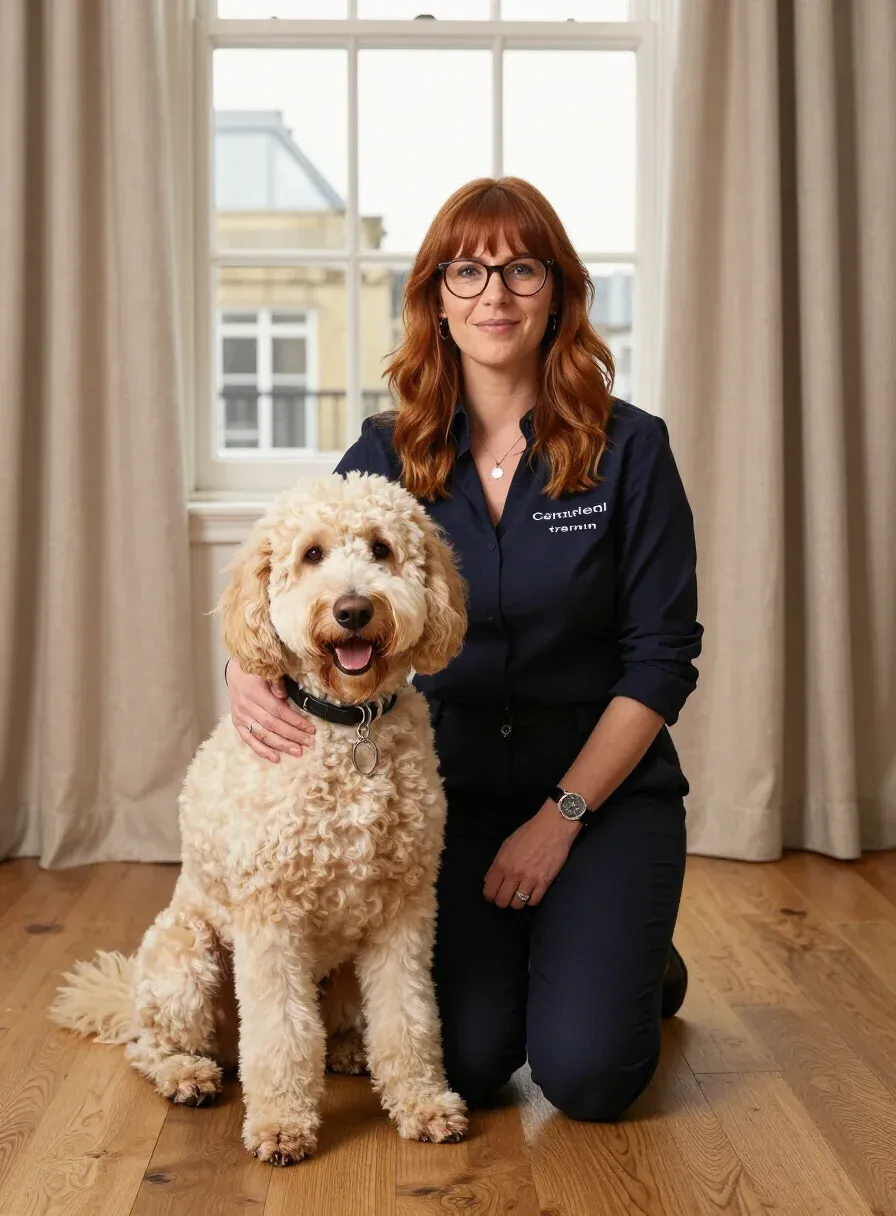 Eleanor Whitfield, founder of DoodleExpert, with a Labradoodle